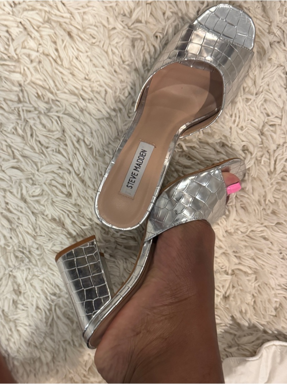 Steve Madden Silver Croc-Embossed Block Heel Slide Mules